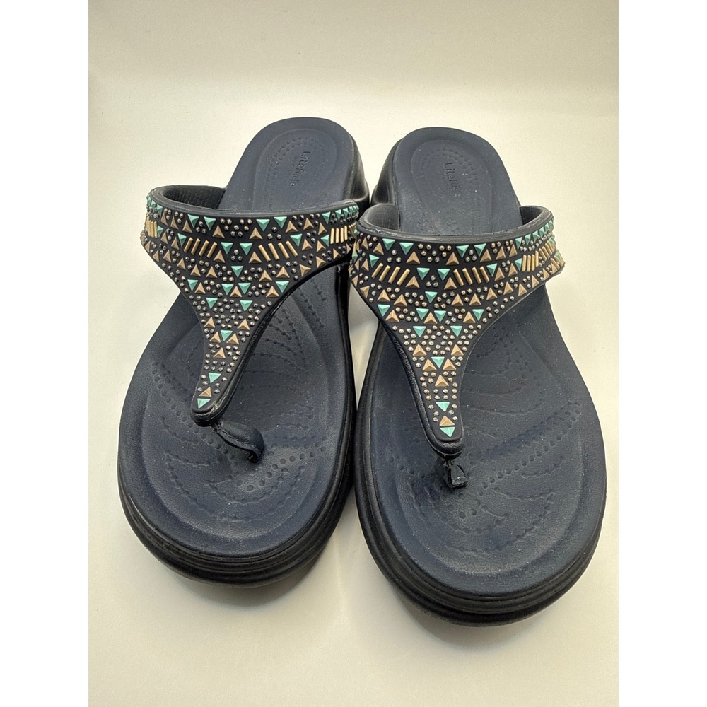Crocs LiteRide Vibe Flip Sandals Navy Blue Studded Geometric Women 8 206084